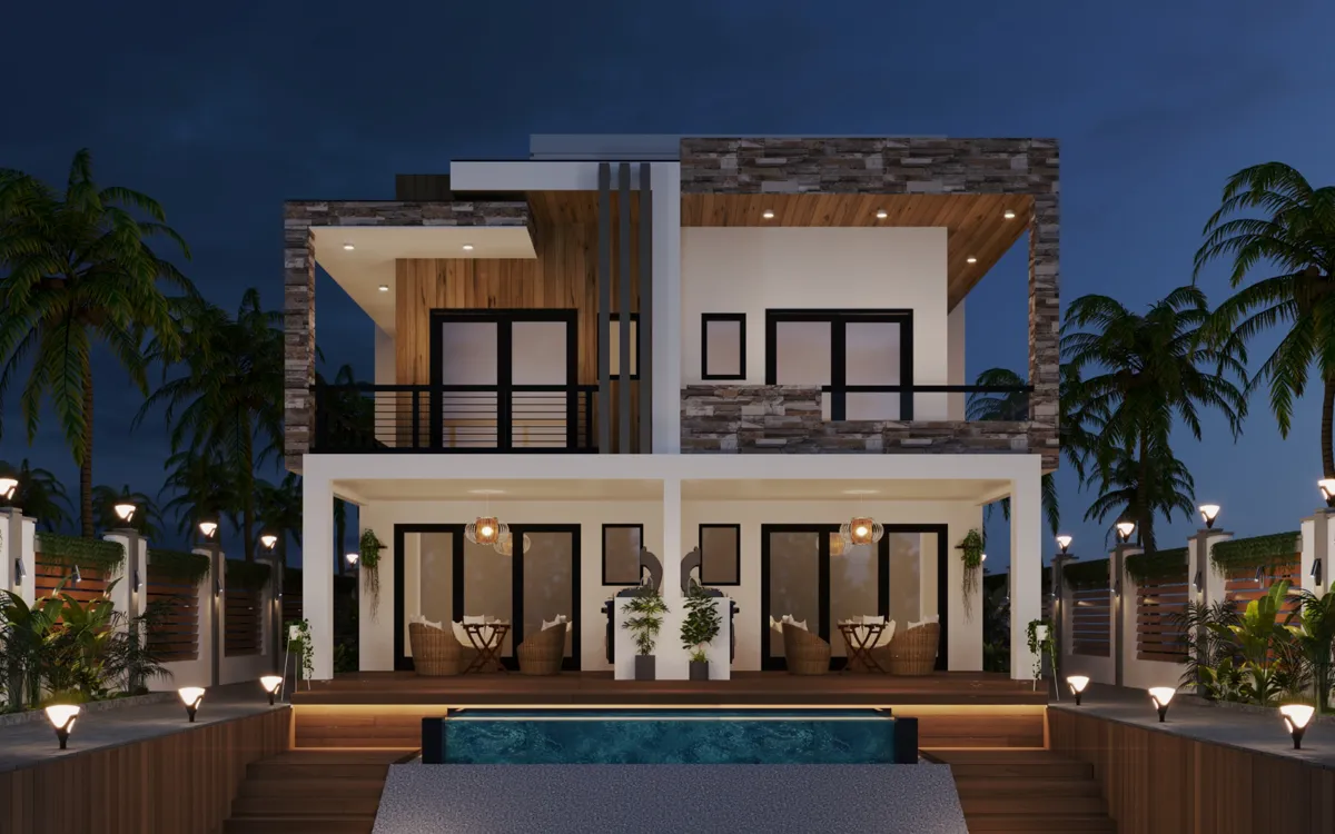 Garden elevation of Jack in the Box at dusk: two storeys of white volumes with stone and timber panels, deep covered terraces with lounge seating, and a lit pool on axis with the steps
