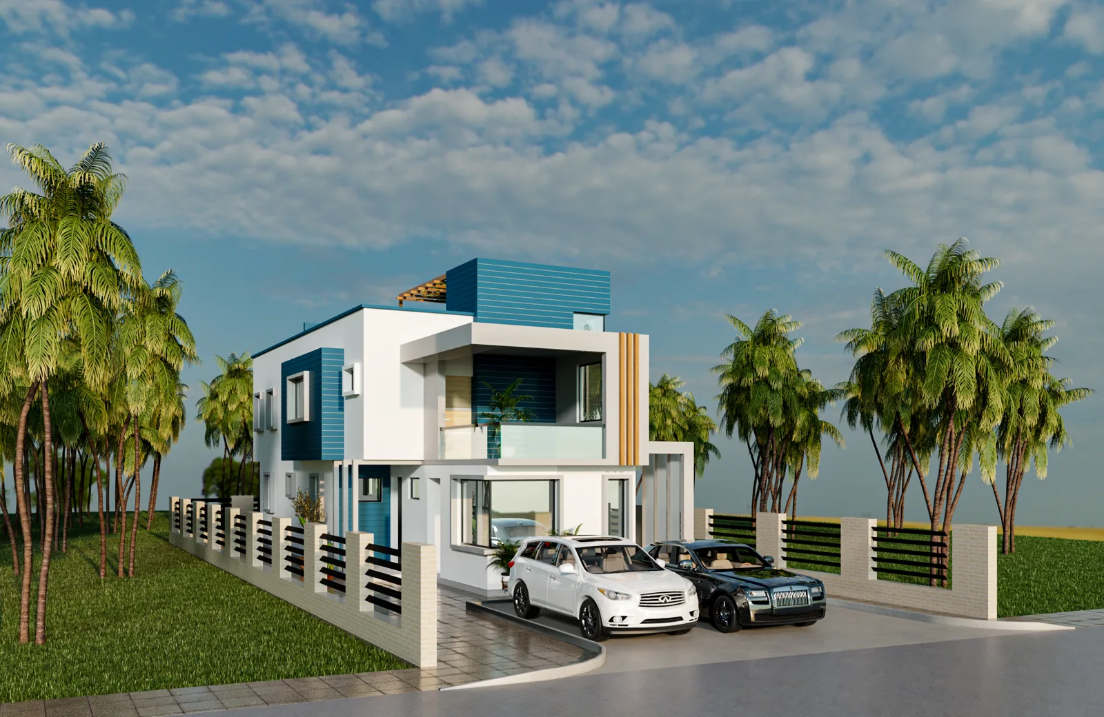 Front perspective of South View: white volumes with teal cladding, timber screening and parking behind a slatted fence