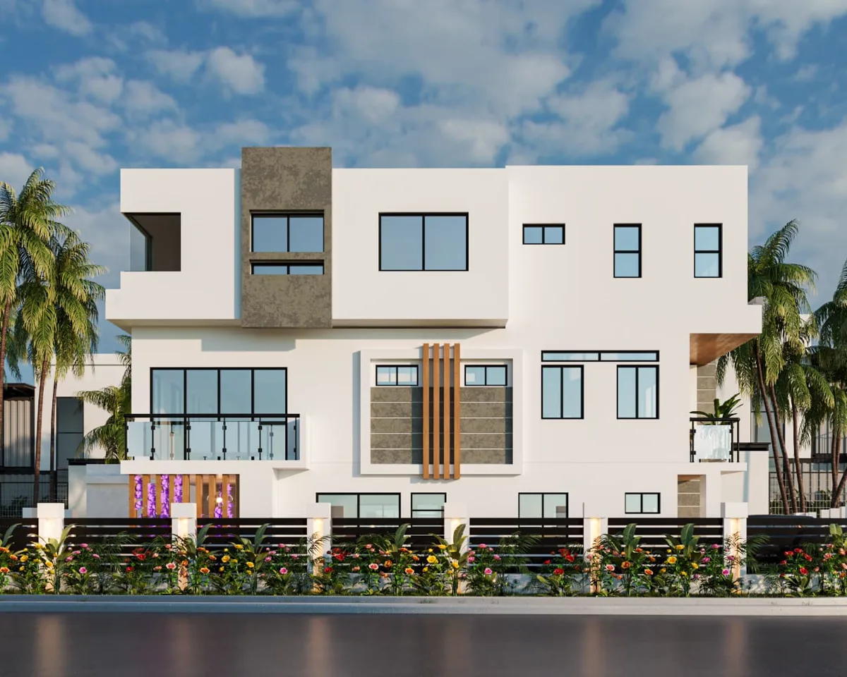 Street elevation render of Springviller: white rendered volumes with a stone feature panel, timber fins, black-framed windows and a flowering garden hedge behind palm trees