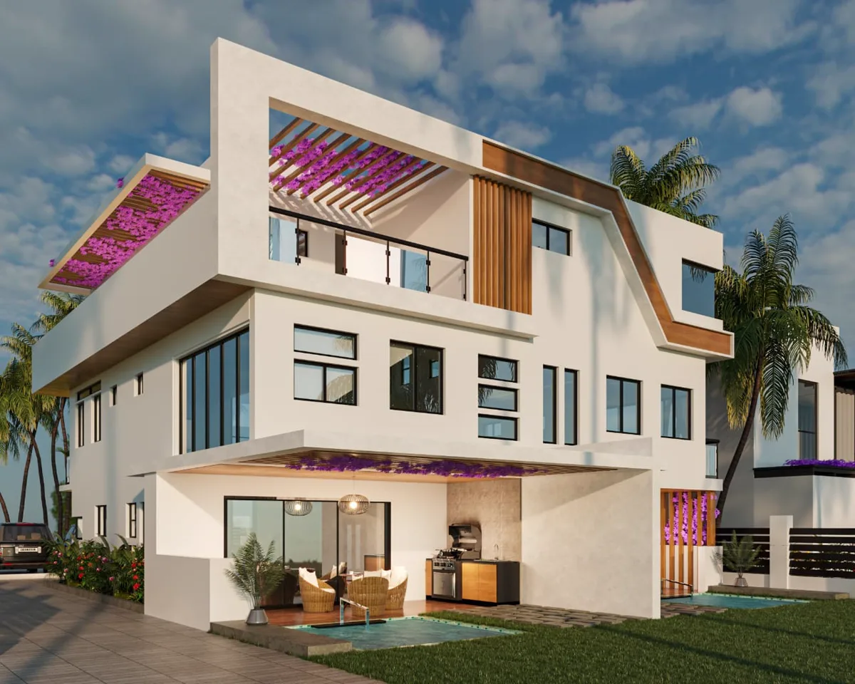 Side perspective render of Springviller showing the ground-floor covered terrace with plunge pool, outdoor kitchen and lounge seating, glass-balustrade balconies above and a bougainvillea-covered pergola on the top floor