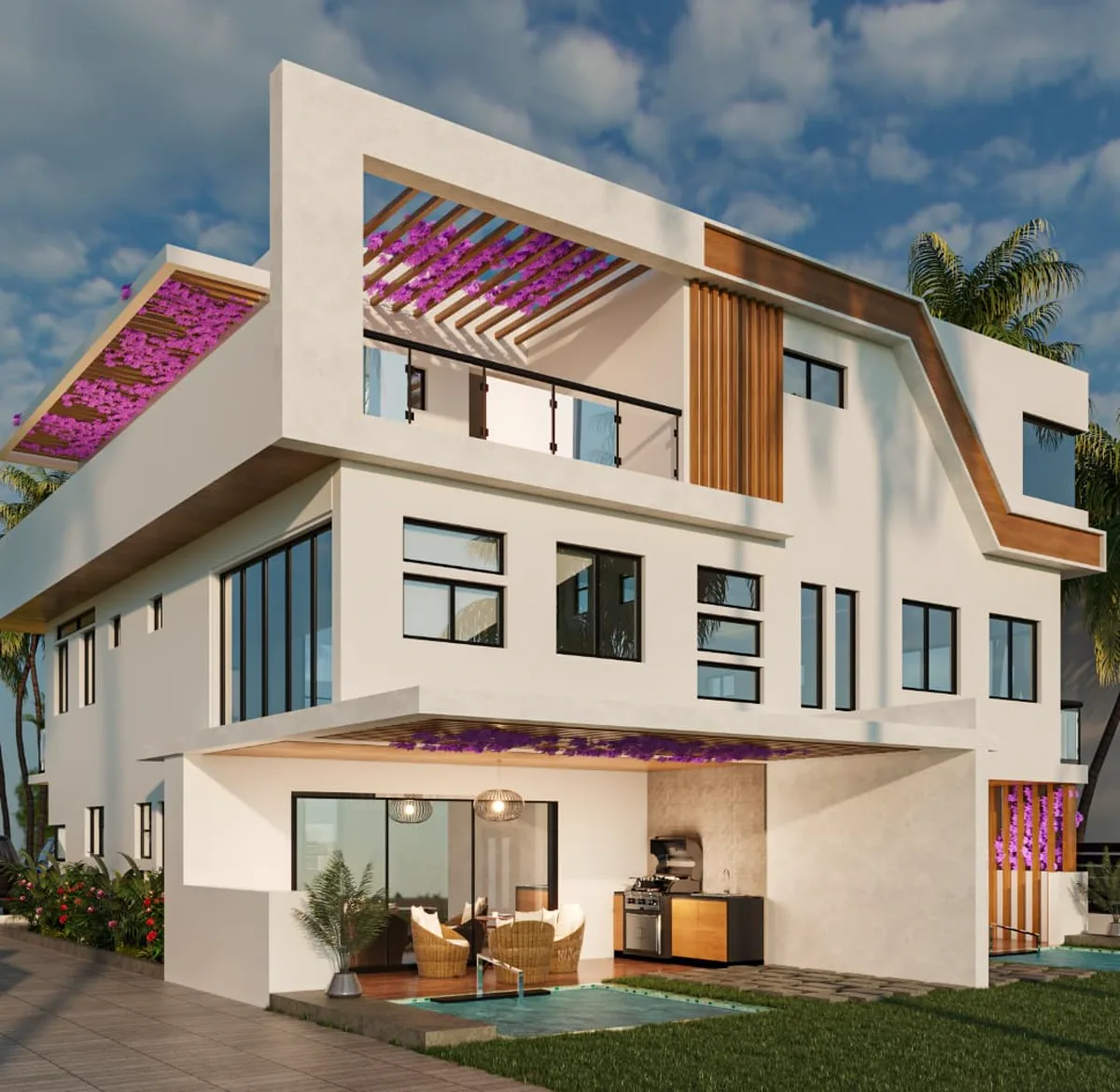 Close front-side perspective render of Springviller with the top-floor pergola terrace draped in purple bougainvillea, timber screen wall and the sheltered pool terrace below
