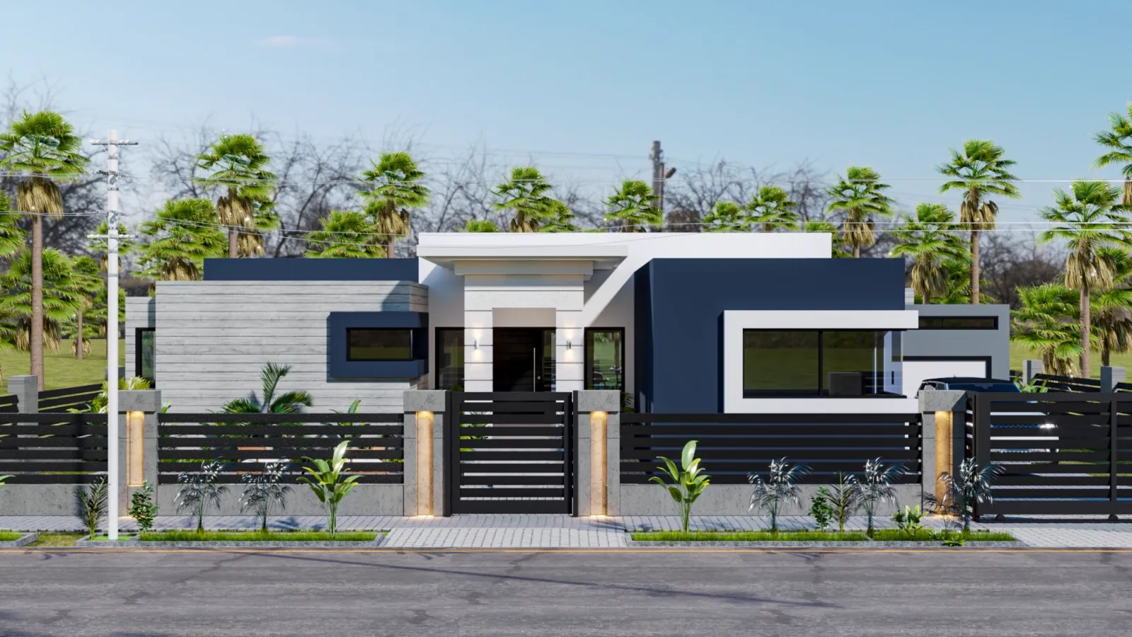 Street elevation of The Nest with slatted boundary fence, white and charcoal volumes and palm planting