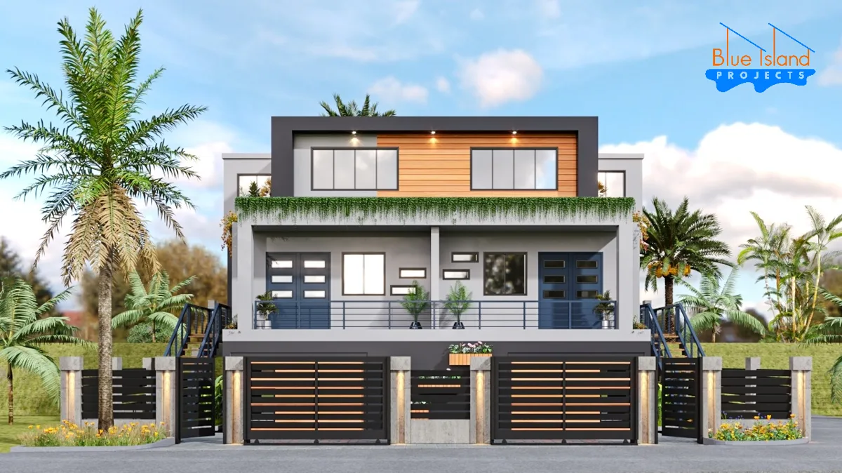 Front render of The Vaughans duplex with twin blue entry doors, planted upper terrace and timber-clad top floor