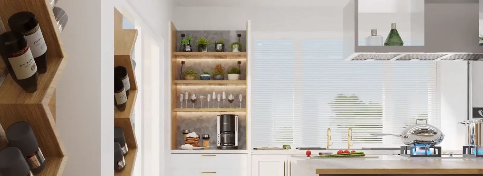 The renovated Warrens kitchen: marble counters, lit display shelving, wine storage and the deconstructed coffee nook