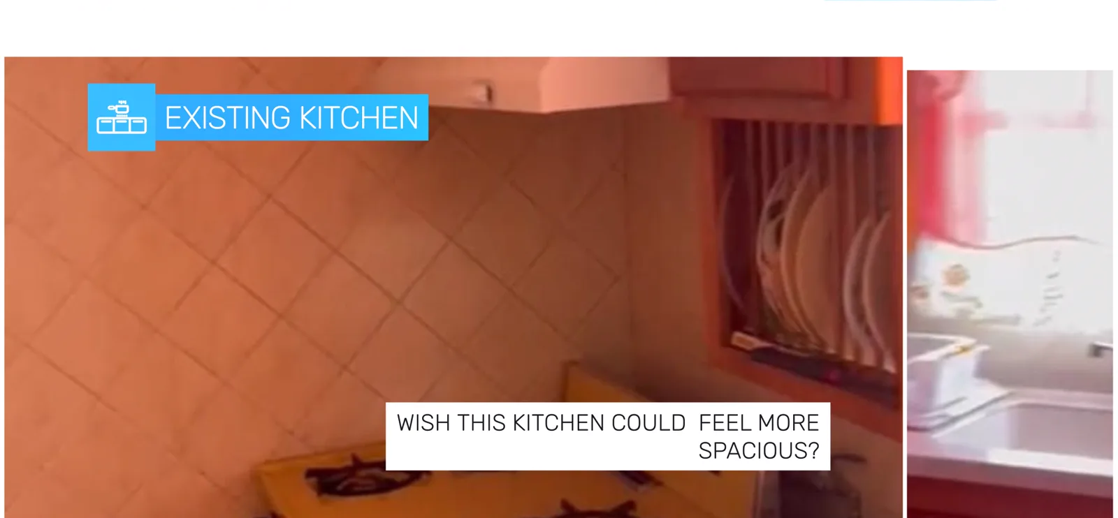 The existing Warrens kitchen: terracotta tile, wall-mounted stove and a single small window